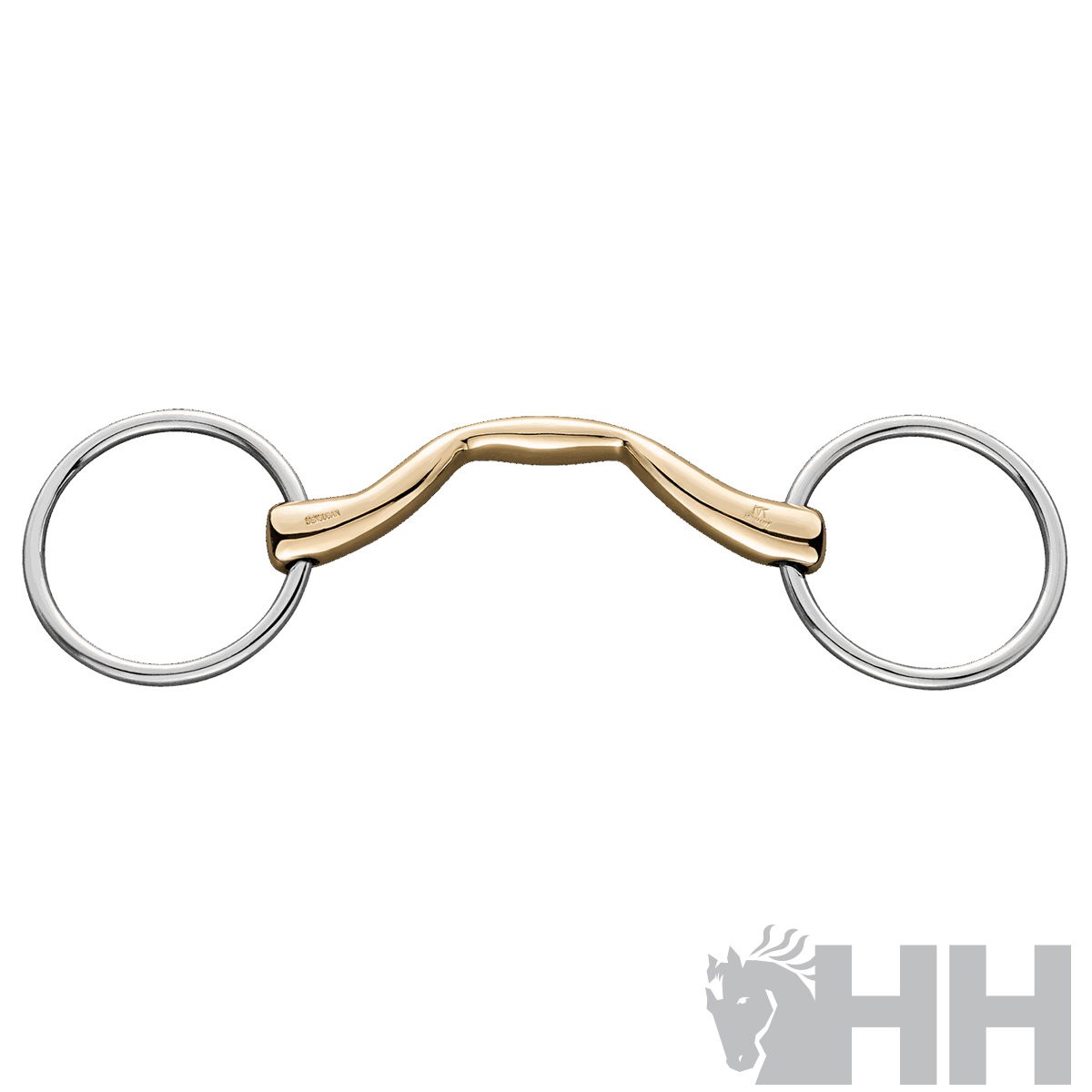 Freno de bocado metálico para cavalo com argolas prateadas e boca dourada