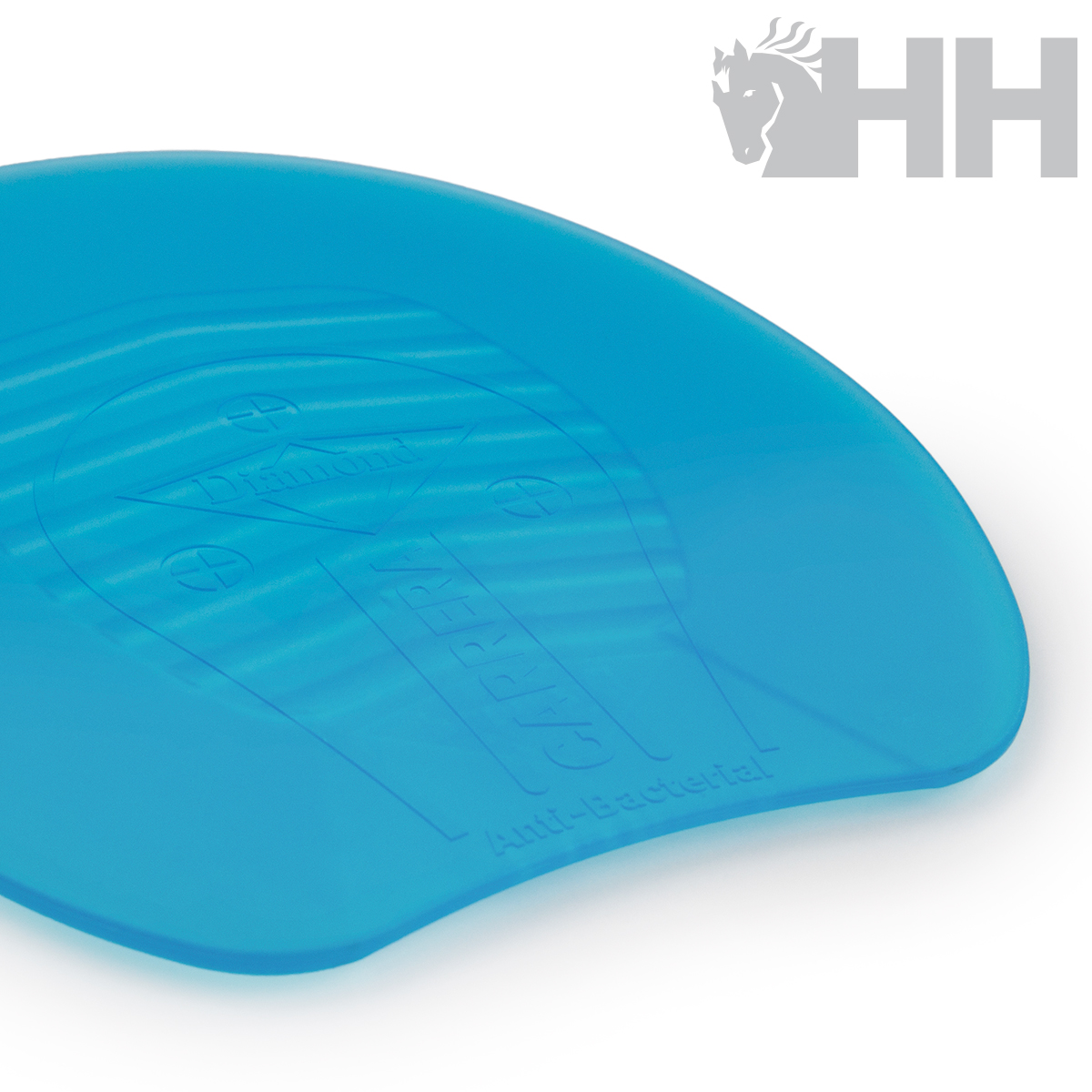 Placa azul de plástico com inscrições e logotipo HH