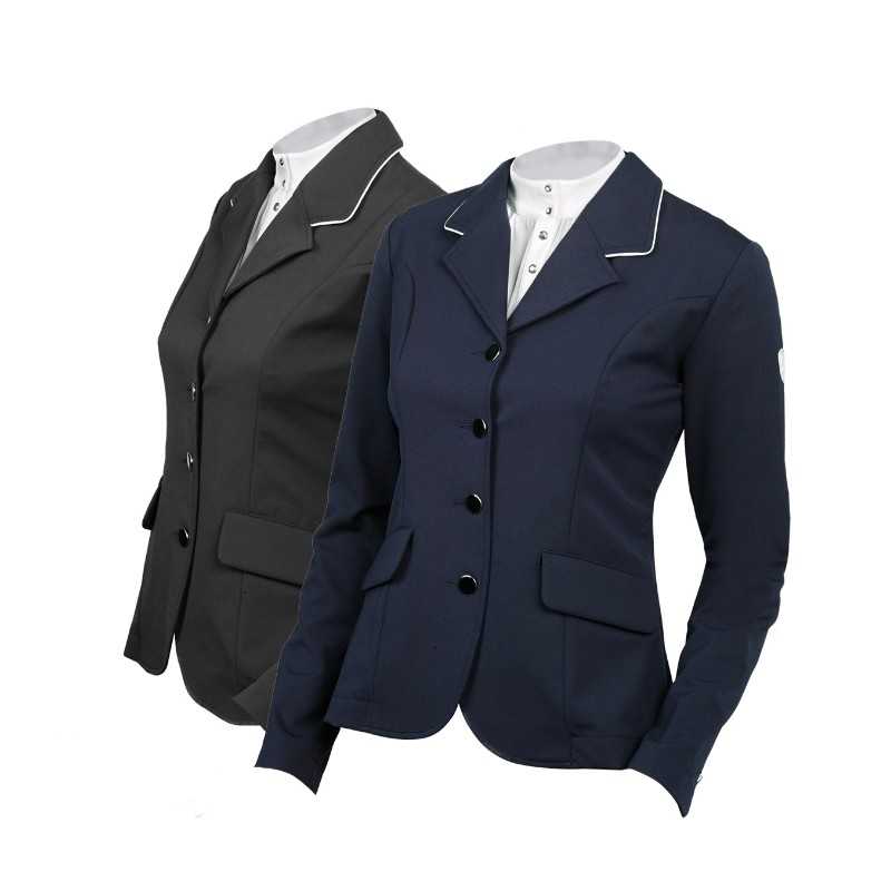 Duas blazers femininas preta e azul escuro com botões e gola com bordas brancas