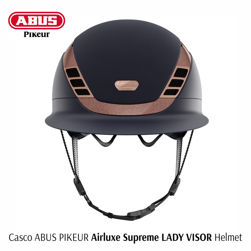 Capacete ABUS Pikeur Airluxe Supreme LADY VISOR preto com detalhes castanhos metálicos