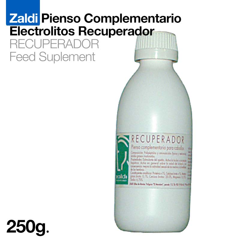 Frasco branco de plástico de suplemento alimentar Zaldi com rótulo verde e texto em castelhano
