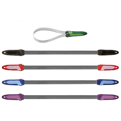 Tiras de aço com pontas coloridas e tira em laço verde e preta.