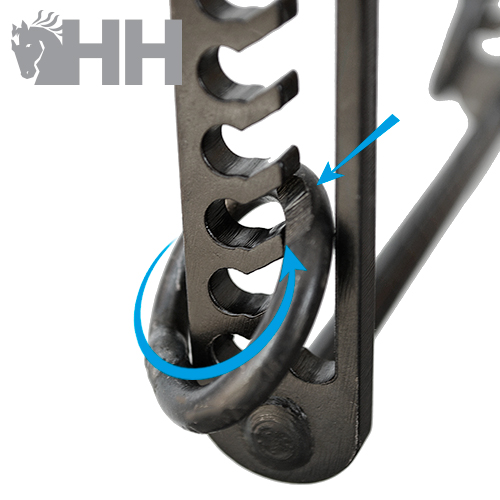 Peça metálica preta com mecanismo ajustável e anel circular.