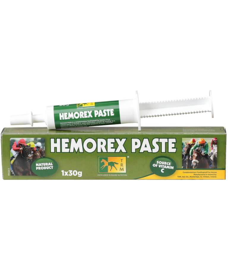 Syringe and box of Hemorex Paste, green and white packaging with horse images