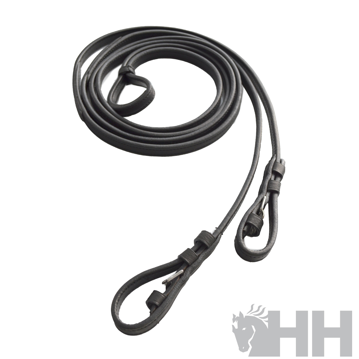 Rédea de equitação de couro preto com argolas, fundo branco
