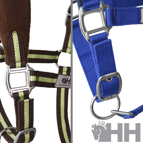Cabeçadas para cavalo castanha com verde e azul com fivelas metálicas e logótipo HH