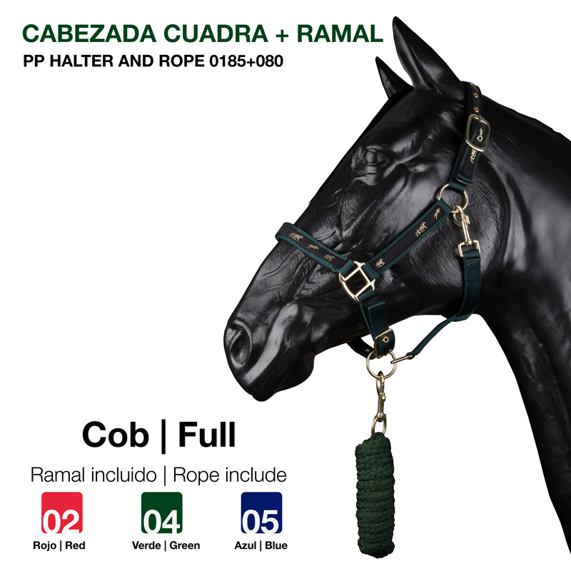 Cabeçada quadrada e ramal verde escuro para cavalo com fivelas metálicas, em modelo de cabeça de cavalo preto