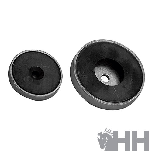 Ímanes circulares pretos com bordas metálicas e um furo no centro do maior