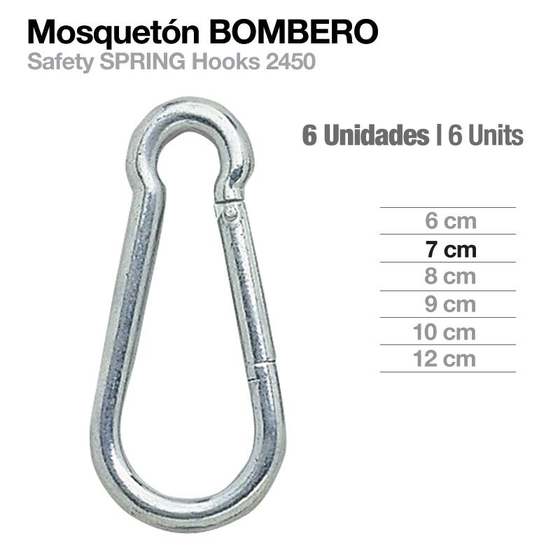 Mosquetão metálico prateado com fecho de mola em fundo branco