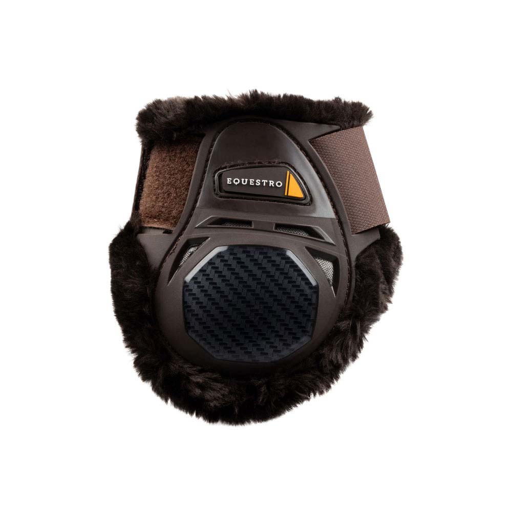 Protetor para casco de cavalo castanho com pele sintética escura e cinta elástica