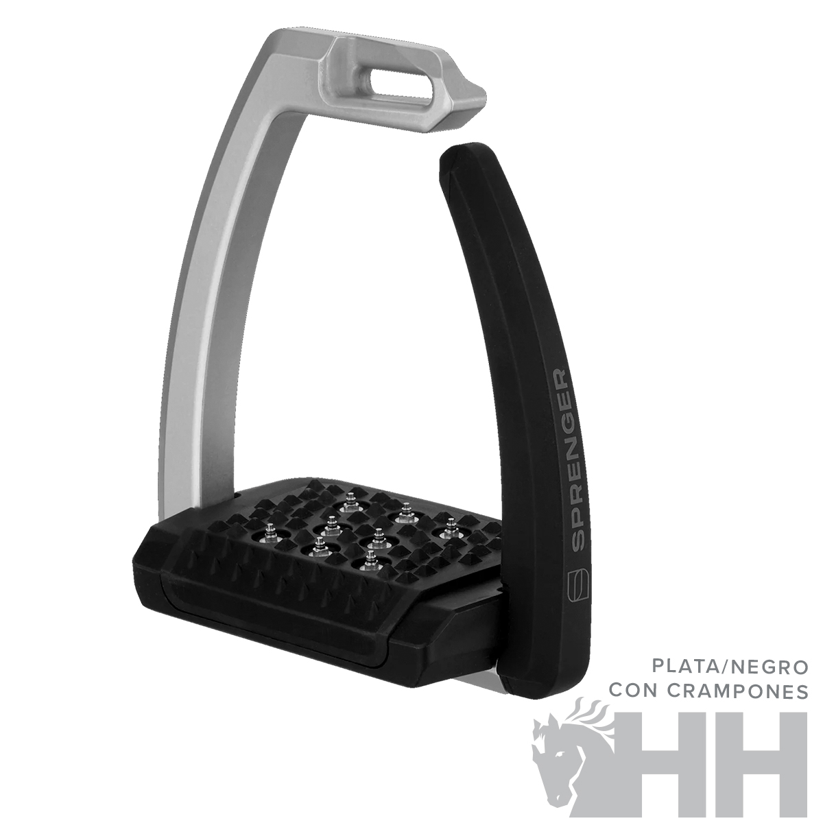 Estribo para cavalo preto e cinza com crampões e texto ao lado.