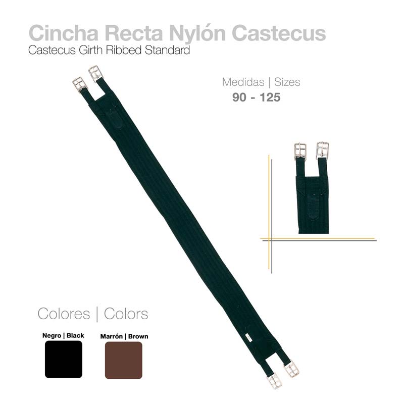 Cincha recta em nylon com fivelas metálicas e textura nervurada, disponível em negro e marrón