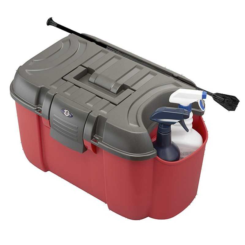 Caixa de limpeza vermelha com tampa cinza e pulverizadores