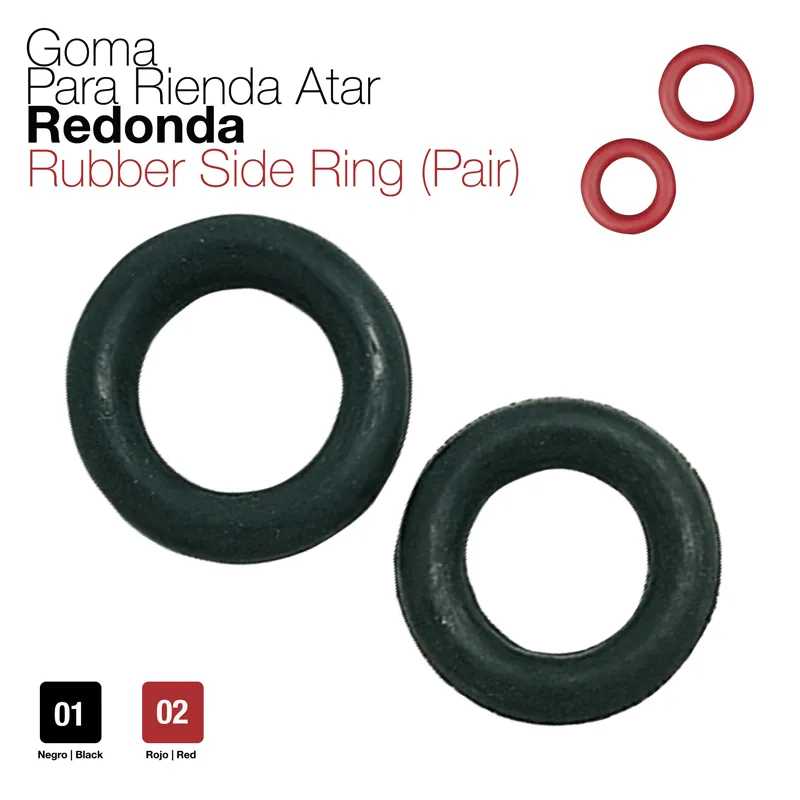 Dois anéis redondos de borracha preta para riendas, com texto explicativo ao lado