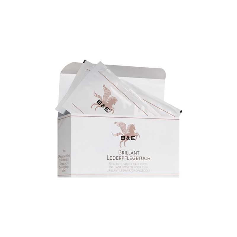 Pacote branco aberto com lenços individuais B&E Brillant Lederpflegetuch