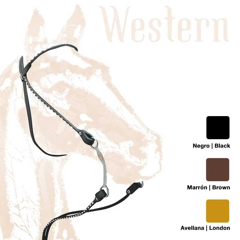 Cabeçada para cavalo preta com detalhes brancos e fivelas metálicas, fundo com ilustração de cavalo e amostras de cores