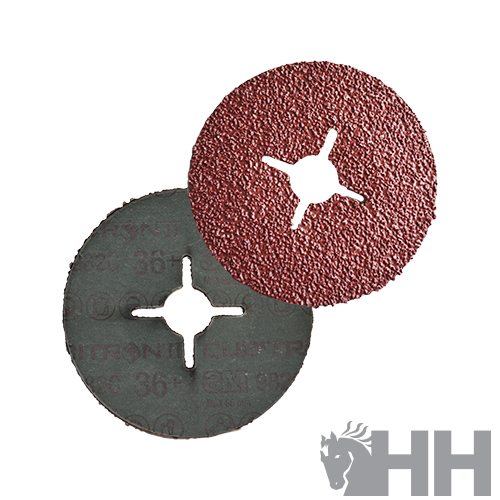 Discos abrasivos circulares vermelho e cinzento com orifício quadripartido
