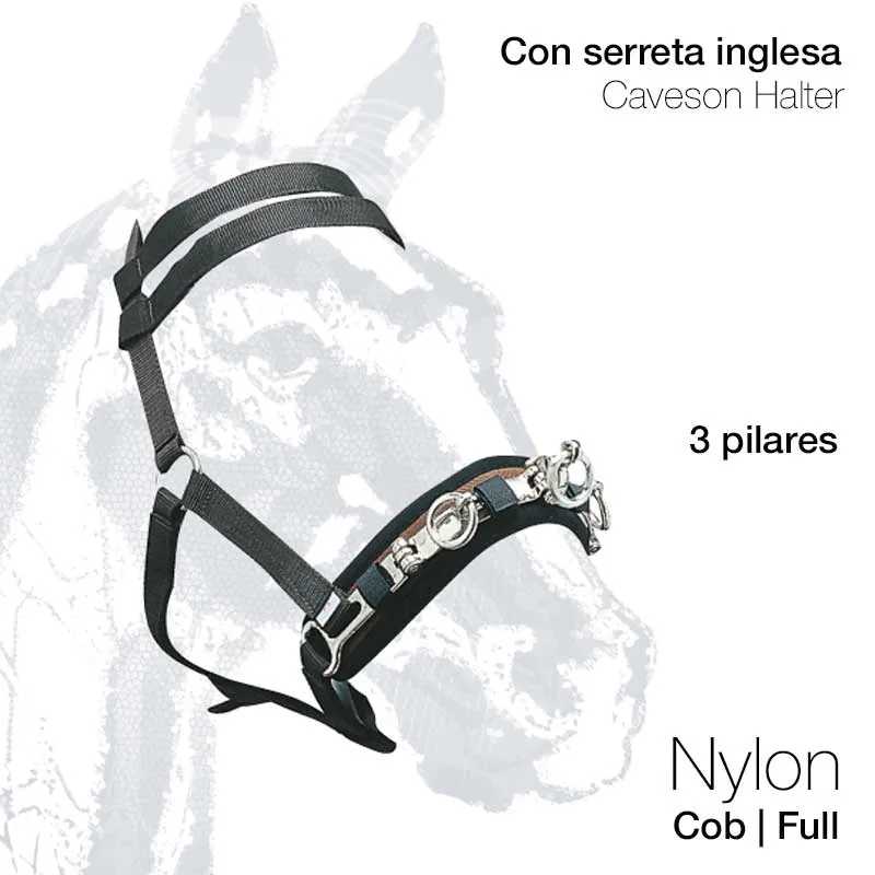 Caveção de nylon preto com fivela inglesa e três pilares para cavalo