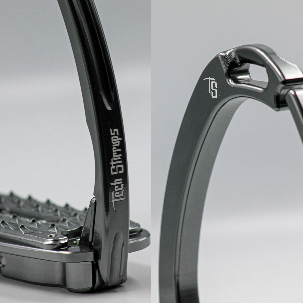 Estribos de montaria metálicos com gravações Tech Stirrups e TS