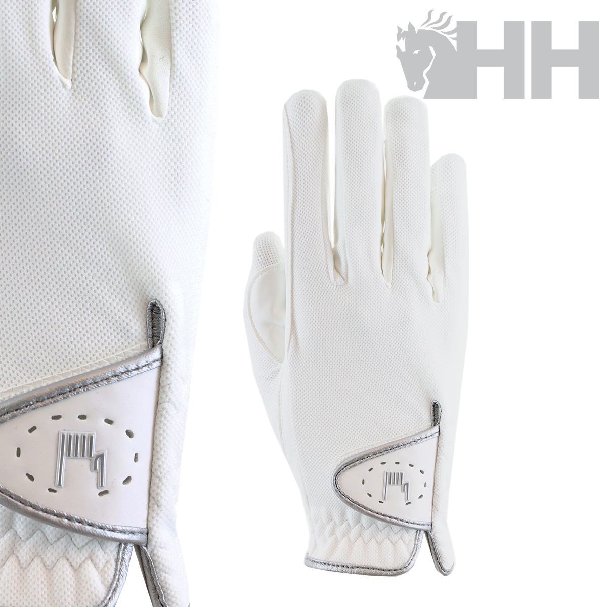 Luvas brancas para equitação com detalhes cinzentos e logótipo HH