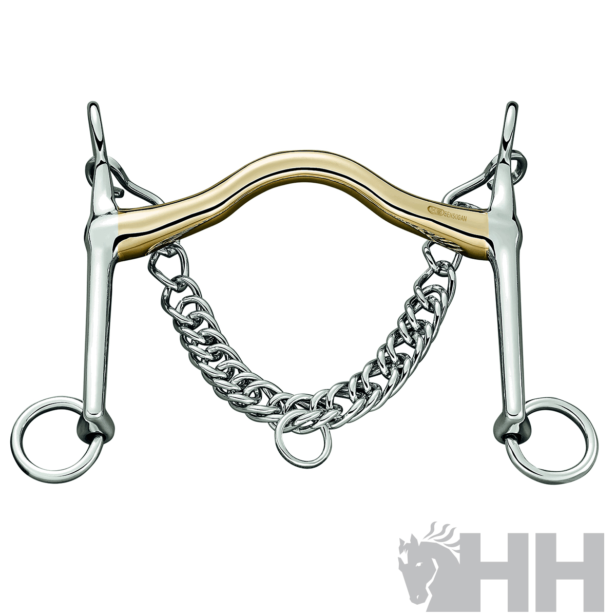 Freio de cavalo metálico prateado e dourado com corrente e anéis