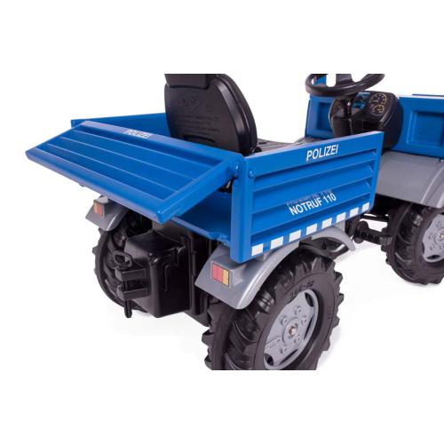 Trator de brincar azul com escrita POLIZEI e NOTRUF 110, pneus grandes e assento preto