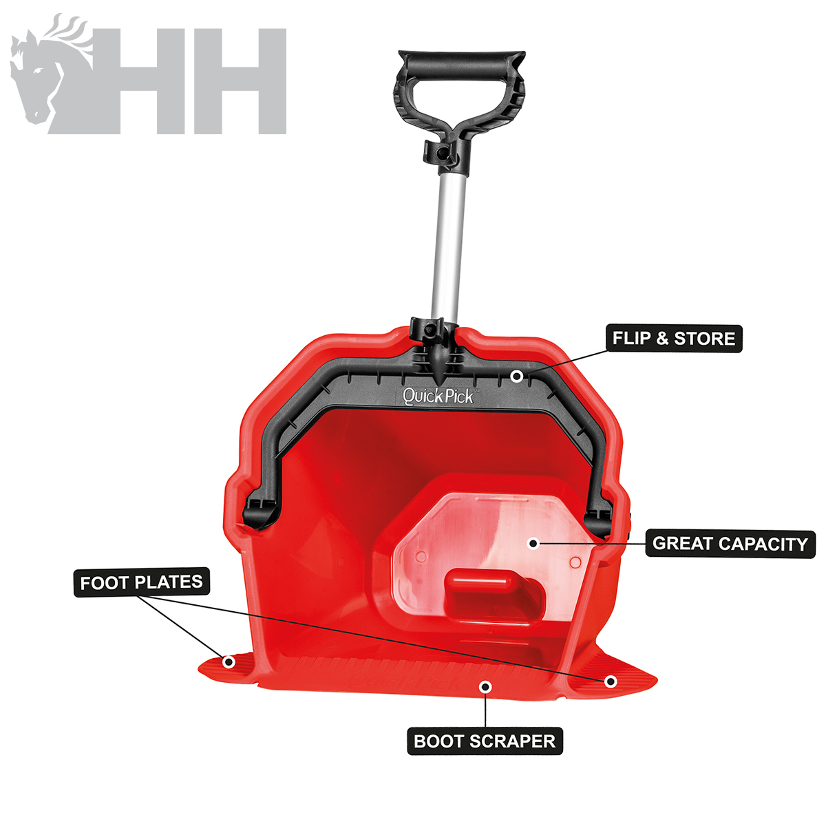 Recipiente Quick Pick vermelho e preto com pega preta e etiquetas explicativas
