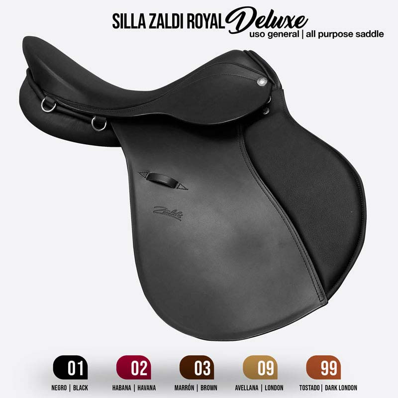 Sela de cavalo preta Zaldi Royal Deluxe com padrão simples e argolas metálicas
