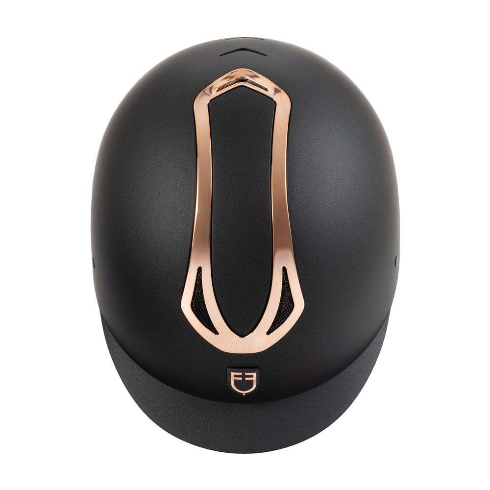 Capacete de equitação preto com detalhe metálico cobre