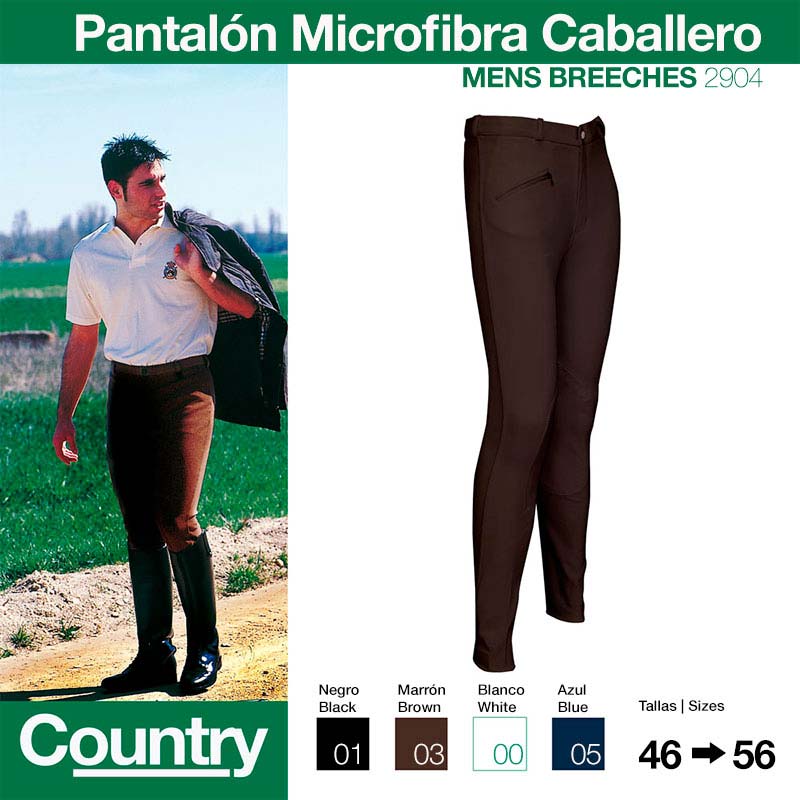 Calças de microfibra castanhas para homem, lisas, com bolsos, e homem com camisa branca e botas num campo