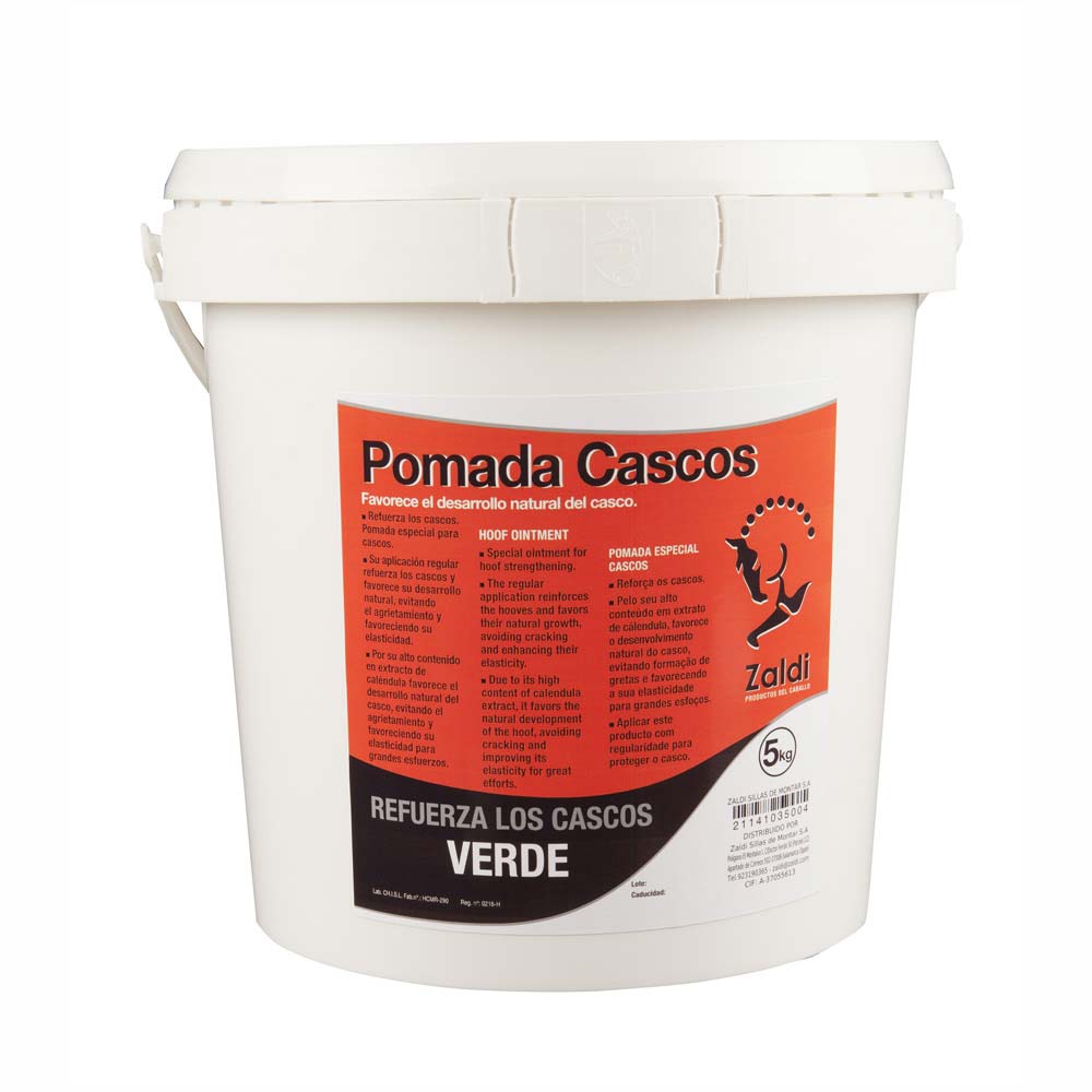 Baldes de plástico branco com pomada para cascos, etiqueta laranja e preta, 5 kg.