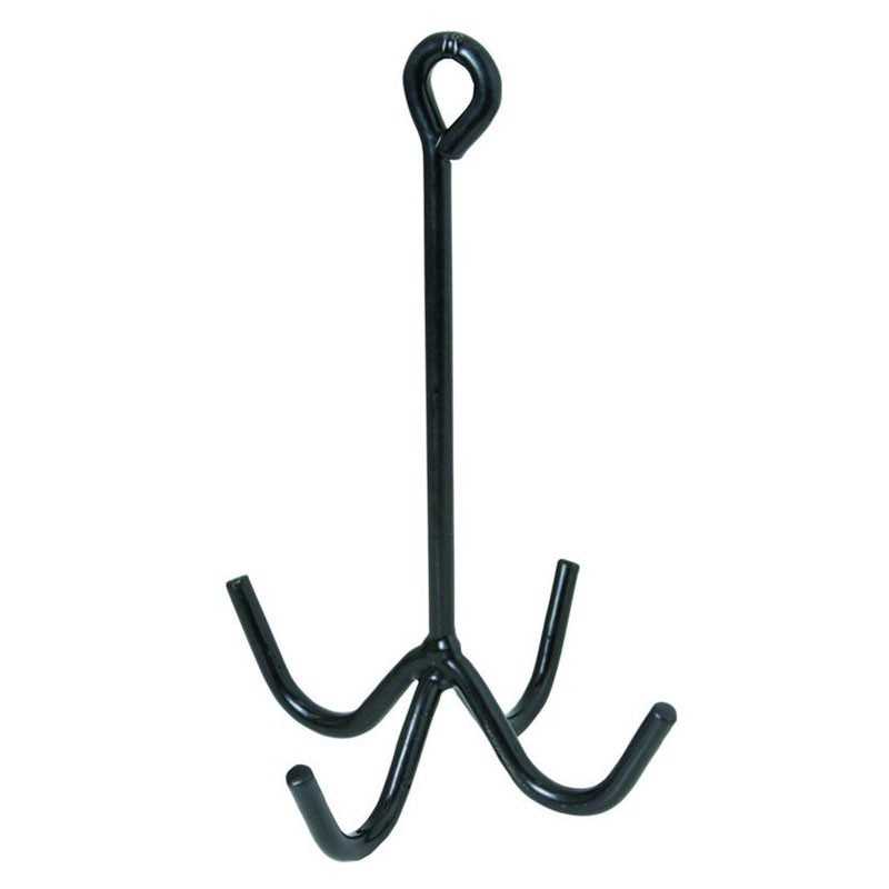 Suporte preto de metal com quatro ganchos curvos e cabo longo.