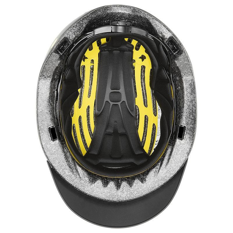 Capacete de proteção visto de cima com interior preto e amarelo e estrutura cinza