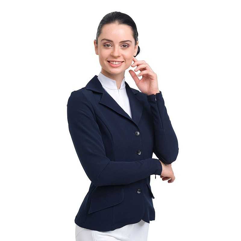 Casaco de senhora azul escuro com botões e gola tipo blazer