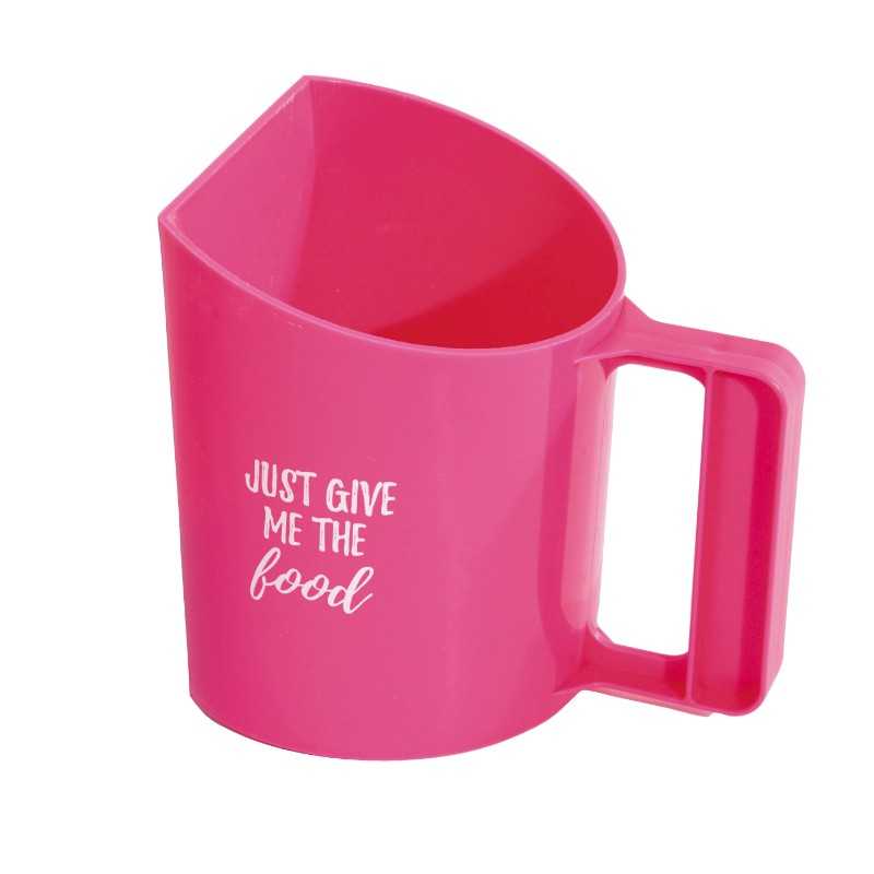 Copo medidor rosa com pega e texto branco