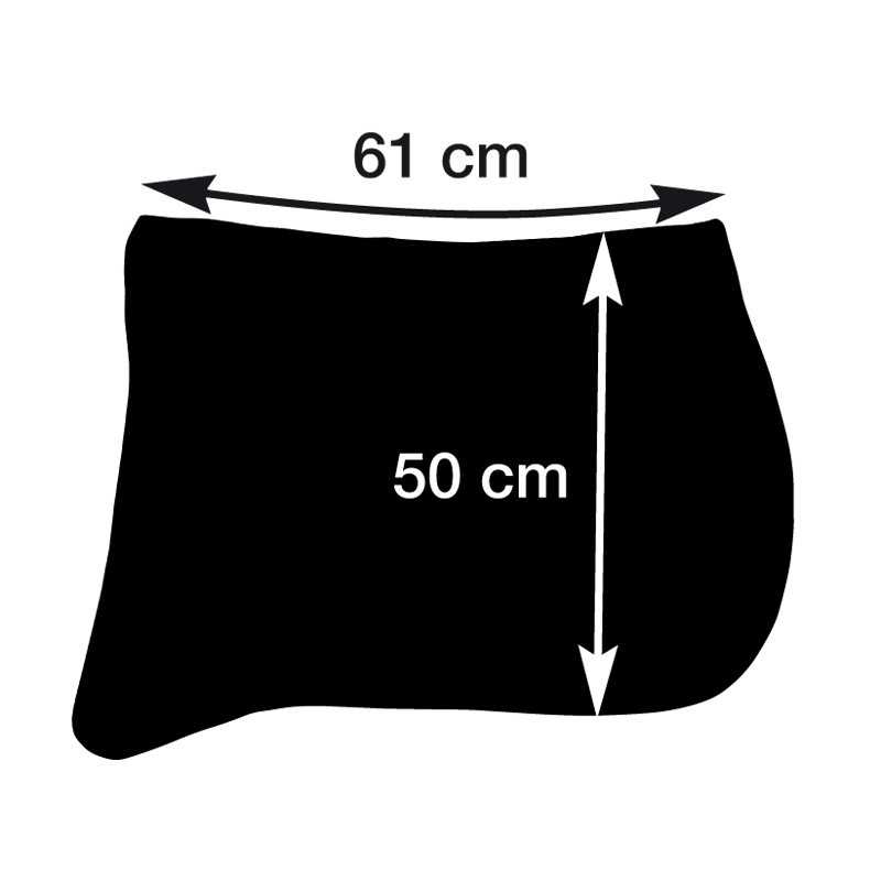 Peça preta irregular com medidas 61 cm e 50 cm em fundo branco