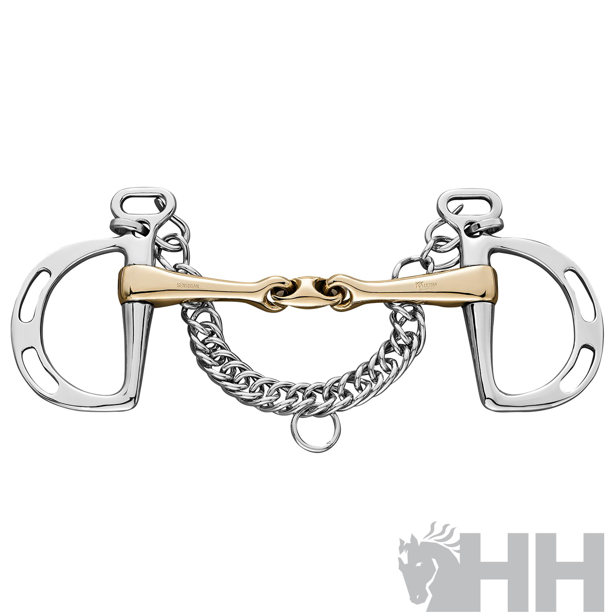 Freio de cavalo em metal prateado e dourado sobre fundo branco