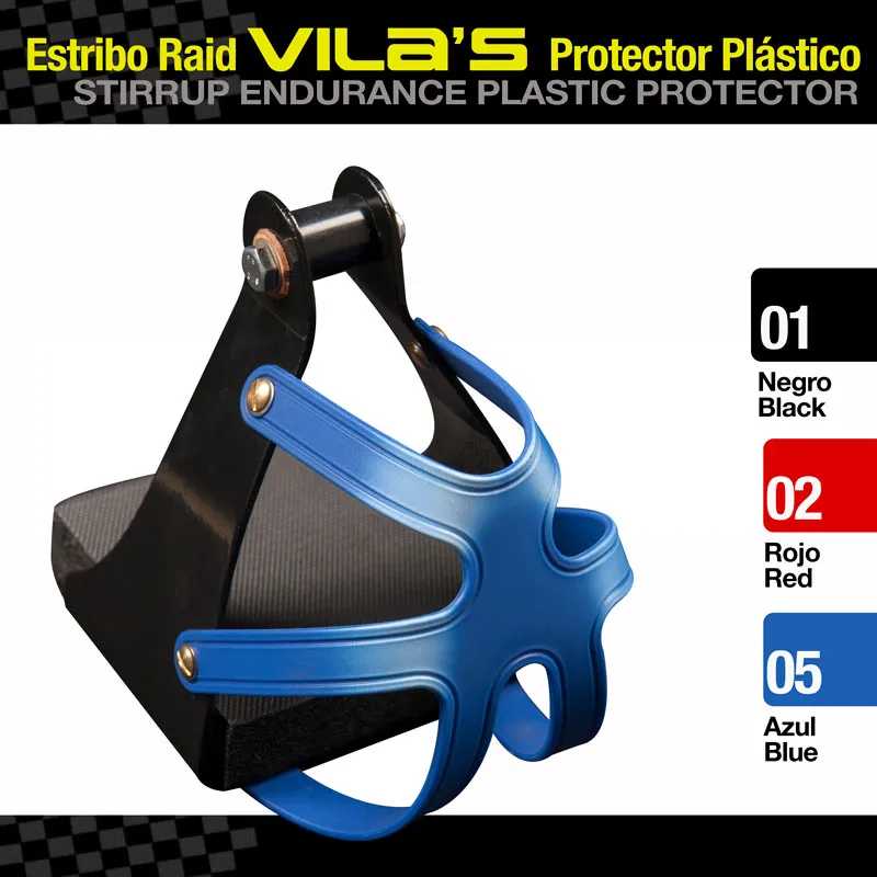 Estribo com protector plástico azul e estrutura preta com texto das cores disponíveis.