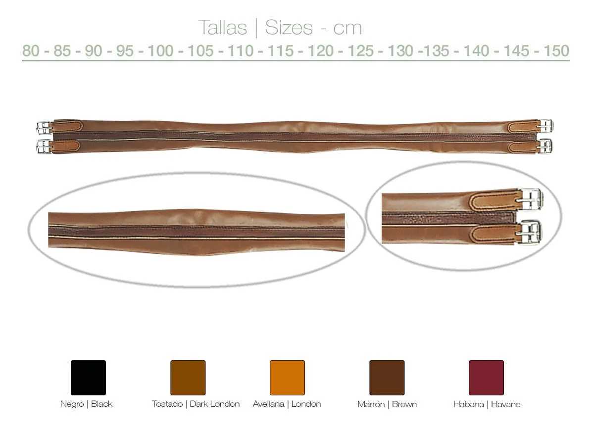 Cinchas em pele de cores variadas com fechos metálicos e tabela de tamanhos