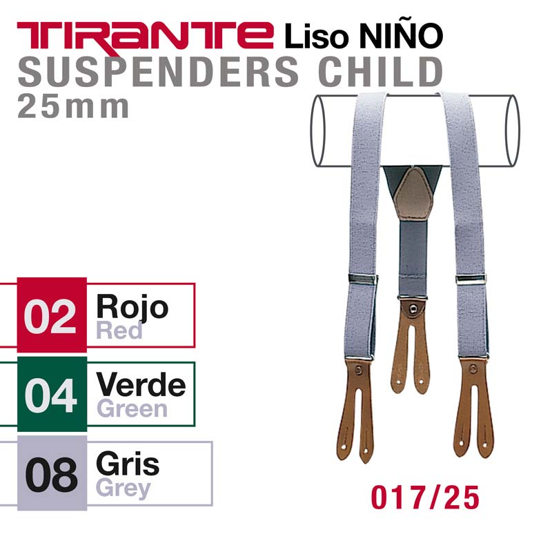 Suspensórios para criança 25 mm com tiras cinzentas e detalhes em couro castanho.