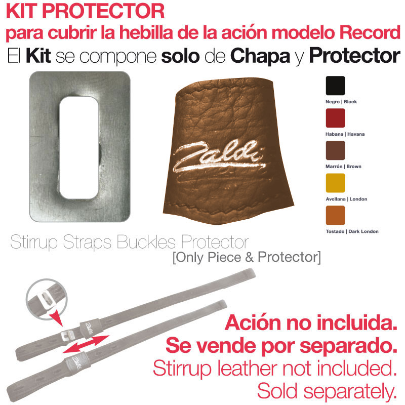 Kit protector para fivela de tiras de cela modelo Record, com chapa metálica e protector de couro castanho Caldi