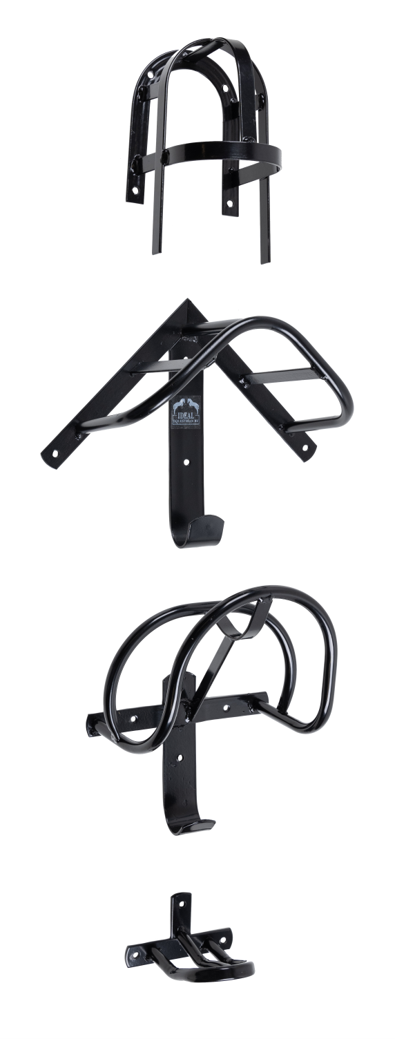 Quatro suportes de parede pretos em metal com vários designs e etiqueta 'IDEAL MOTOSPORTS' num deles