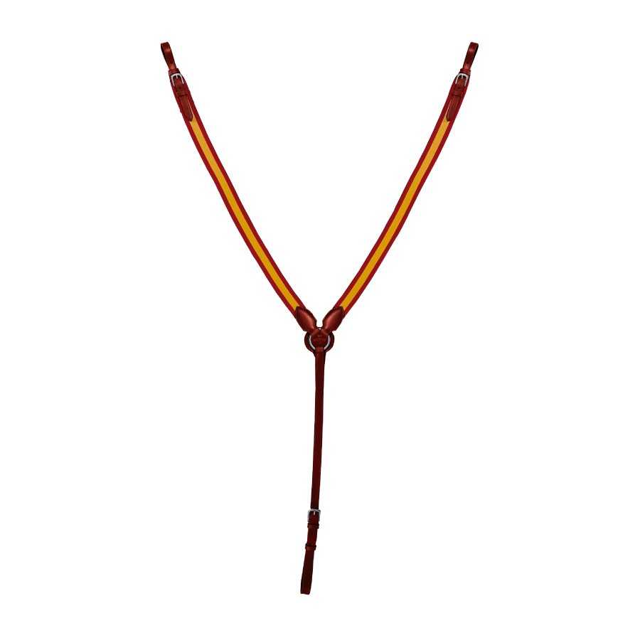 Harness em couro castanho e fitas amarelo e vermelho