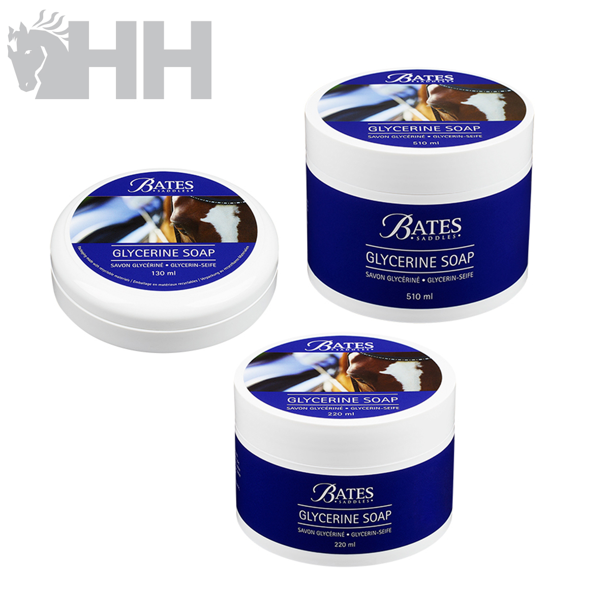 Sabão de glicerina BATES em frascos brancos com rótulos azuis e imagem de cavalo