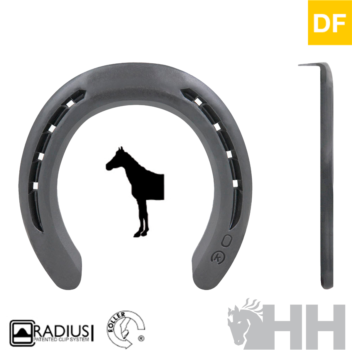 Ferradura Radius 1 cinza com furações e logos