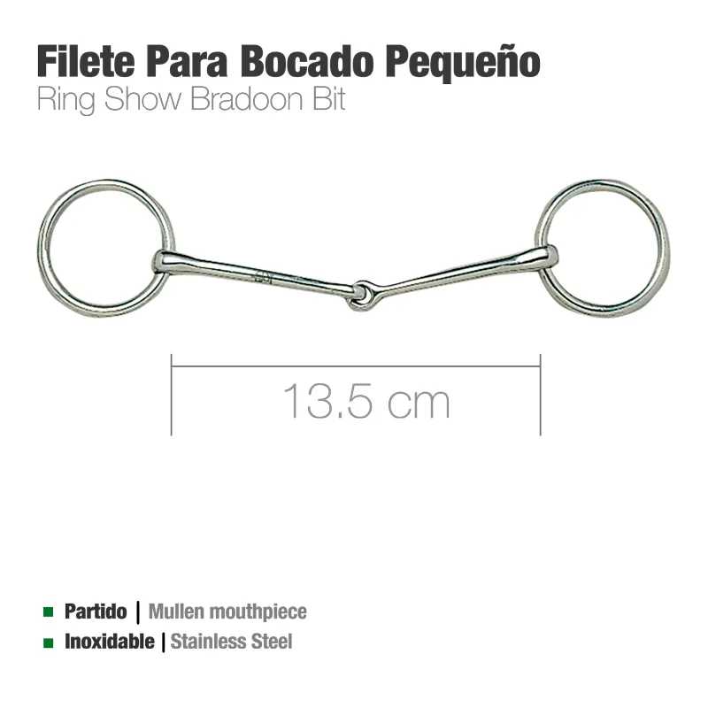Filete para bocado pequeno em aço inoxidável com boca partida e argolas, 13,5 cm