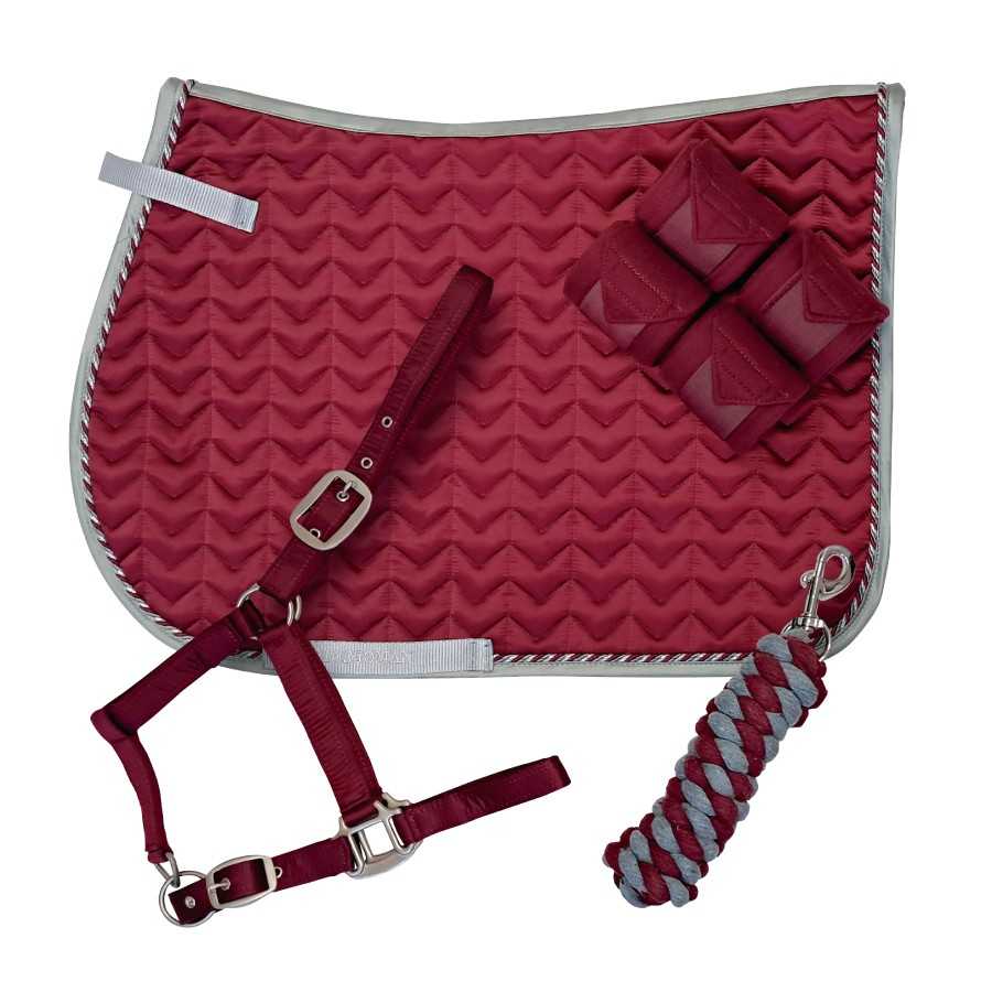 Conjunto de acessórios de equitação vermelho com manta acolchoada, peitoral, ligaduras e corda trançada