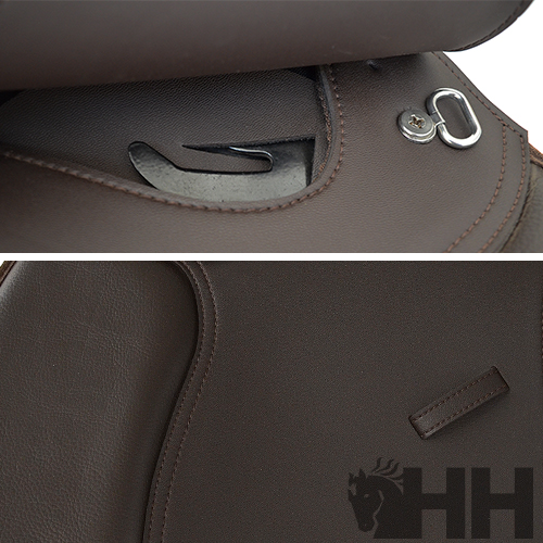 Sela de cavalo em couro castanho com fivela prateada e logótipo HH