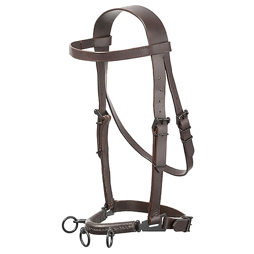 Cabridão de cavalo em couro castanho com fivelas metálicas pretas