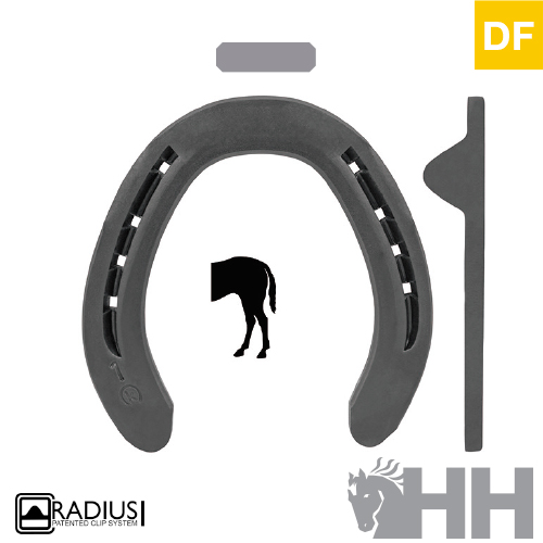 Ferradura preta de material composto com design RADIUS patenteado e logotipos HH e DF